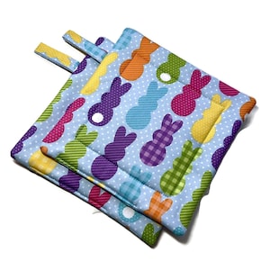 Quilted Pot Holders,Set of 2 , Easter Bunnies, Blue Check
