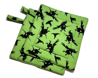 Handmade Quilted Pot Holders , Set of 2 , Witch, Green, Halloween