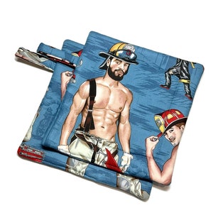 Quilted  Pot holders Hot Firefighters in Blue set of 2 Potholders