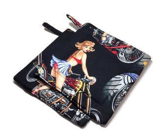 Quilted Pot holders Set of 2 Biker Girls Pinups Black