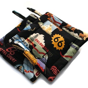 Quilted Pot Holders, Route 66, set of 2, Black Alexander Henry image 1