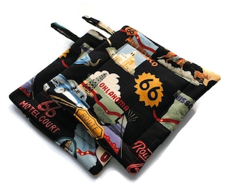 Quilted Pot Holders, Route 66, set of 2, Black Alexander Henry