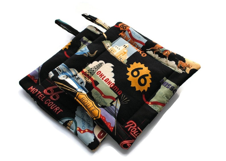 Quilted Pot Holders, Route 66, set of 2, Black Alexander Henry image 1