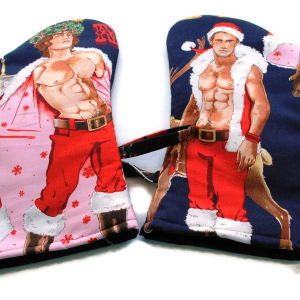 LAST SET Oven Mitts Christmas Hunks set of 2 Navy Blue
