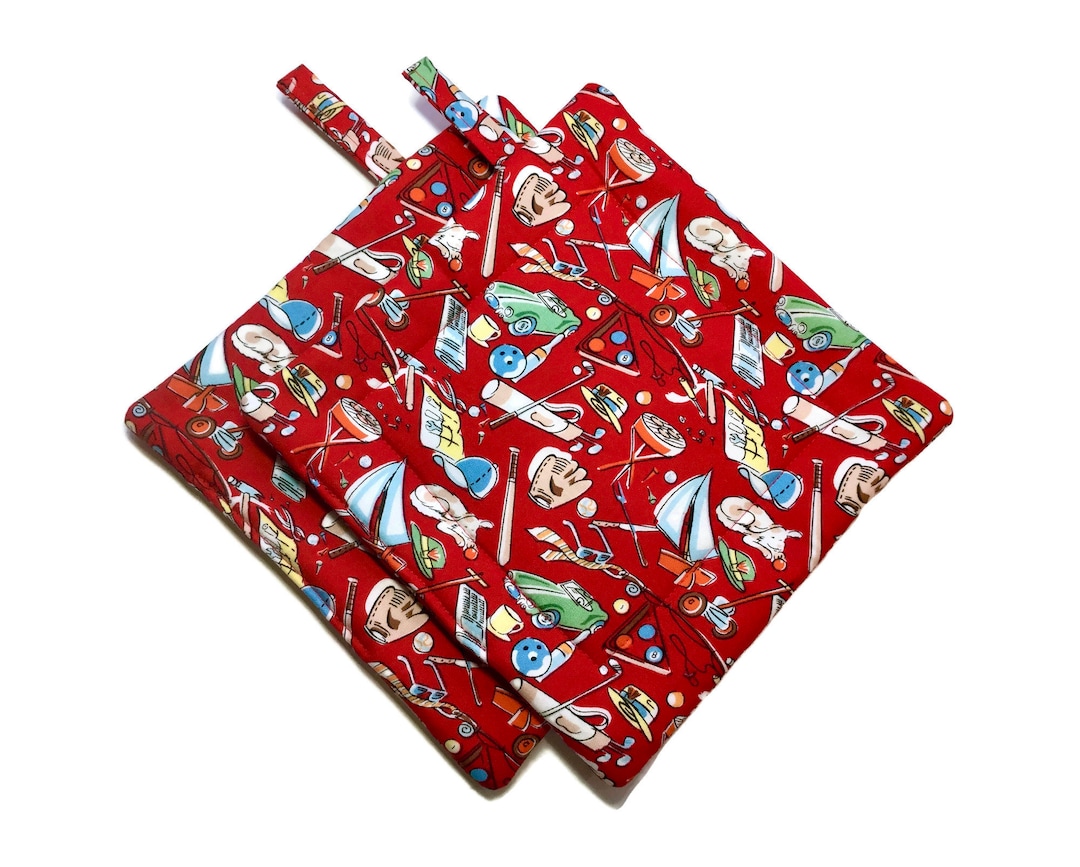 Quilted Pot Holders Set of 2 Recreation Red Alexander Henry Etsy