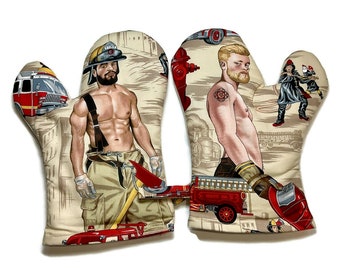 Handmade Oven Mitts , Hot Fireman , set of 2 in Beige,  Alexander Henry