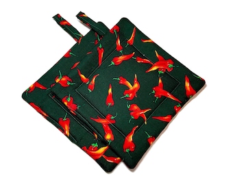Quilted Pot Holders set of 2 Red Hot Peppers Forest Green Alexander Henry