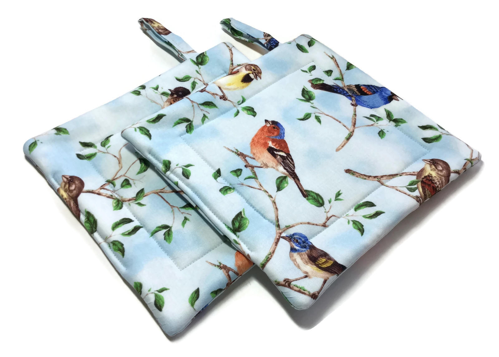 Quilted Pot Holders Set of 2 Birds Blue Potholders