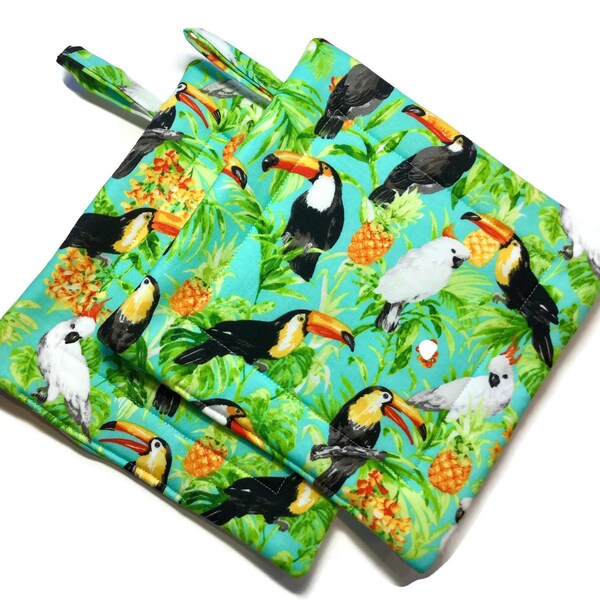 Set de soportes de olla hechos a mano de 2 pájaros exóticos Potholders Toucan & Cackatoo