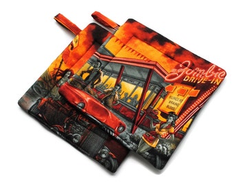Quilted Pot Holders Zombie Drive In Apocalyse Alexander Henry Orange Gray Black