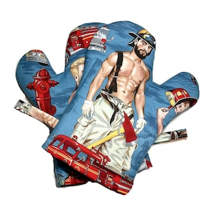 Handmade Oven Mitts , Hot Fireman , set of 2 in Blue, Alexander Henry