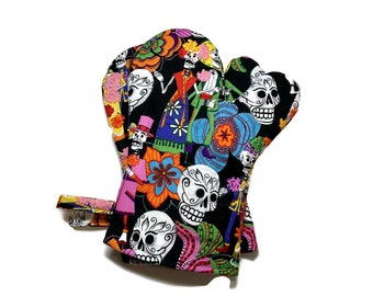 Handmade Oven Mitts Set of 2 Day of the Dead Black BBQ Mitts