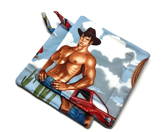 Quilted Pot holders Hot Cowboys Set of 2 Blue Potholders