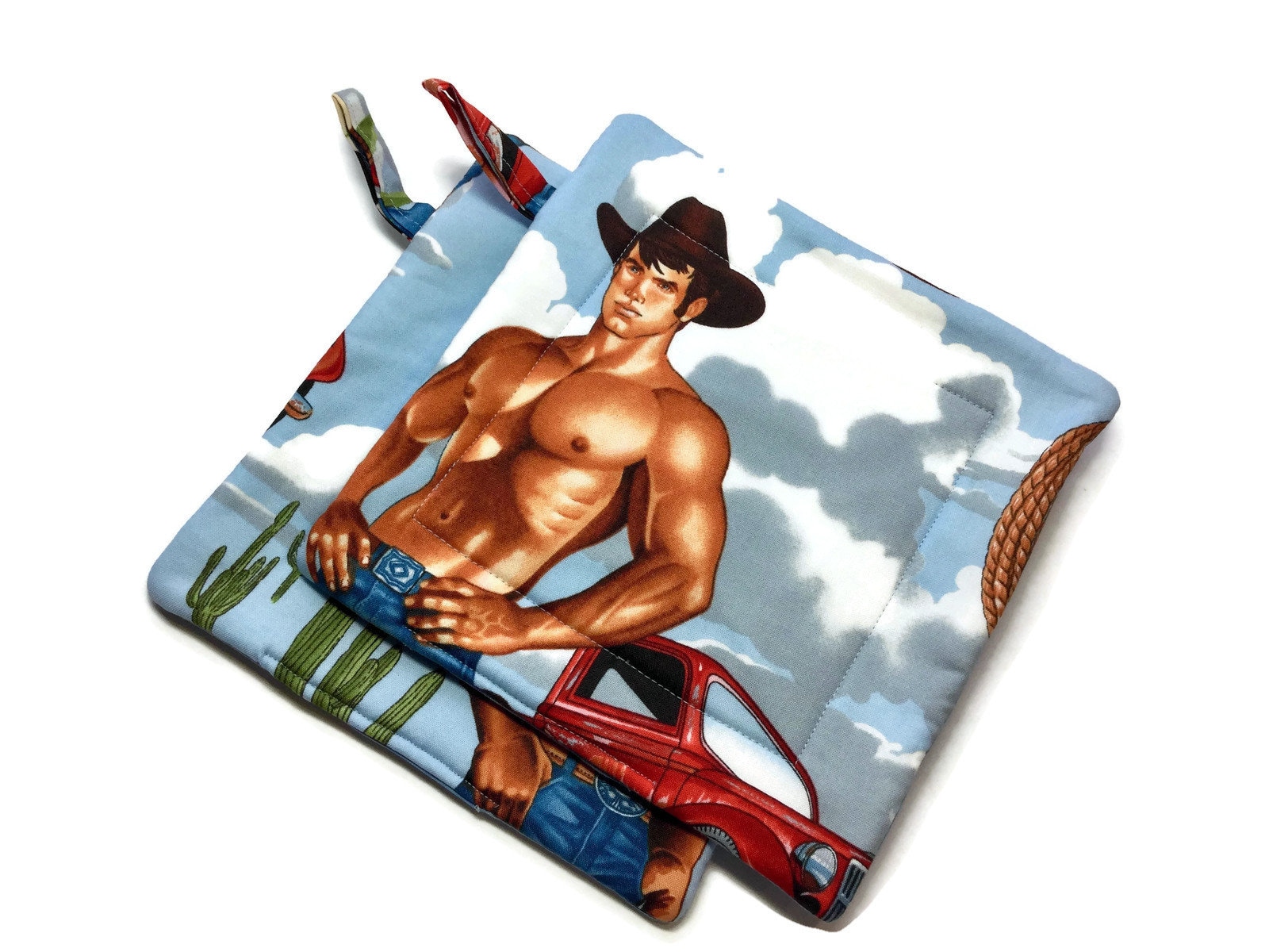 Quilted Pot holders Hot Cowboys Set of 2 Blue Potholders