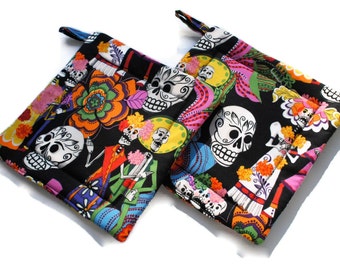 Day of the Dead Potholders, Set of 2, Black Fiesta de los Muertos
