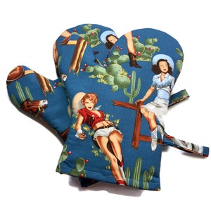 Quilted Oven Mitts, Set of 2, Cowgirl ,Alexander Henry , Blue