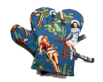 Quilted Oven Mitts, Set of 2, Cowgirl ,Alexander Henry , Blue