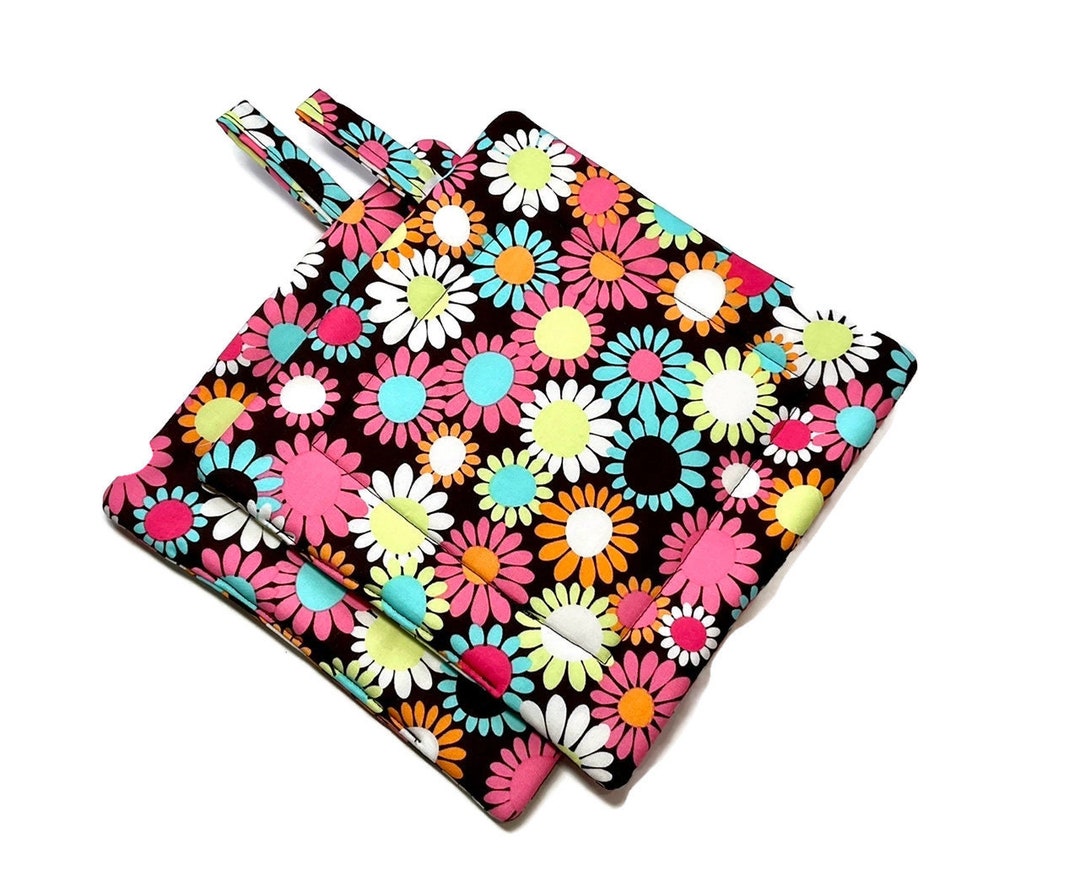 Quilted Pot Holders Set of 2 Small Brown Floral, Michael Miller Etsy
