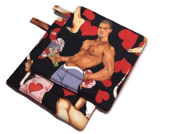 Quilted Pot holders Set of 2 Red Lover Boy Pinups Alexander Henry