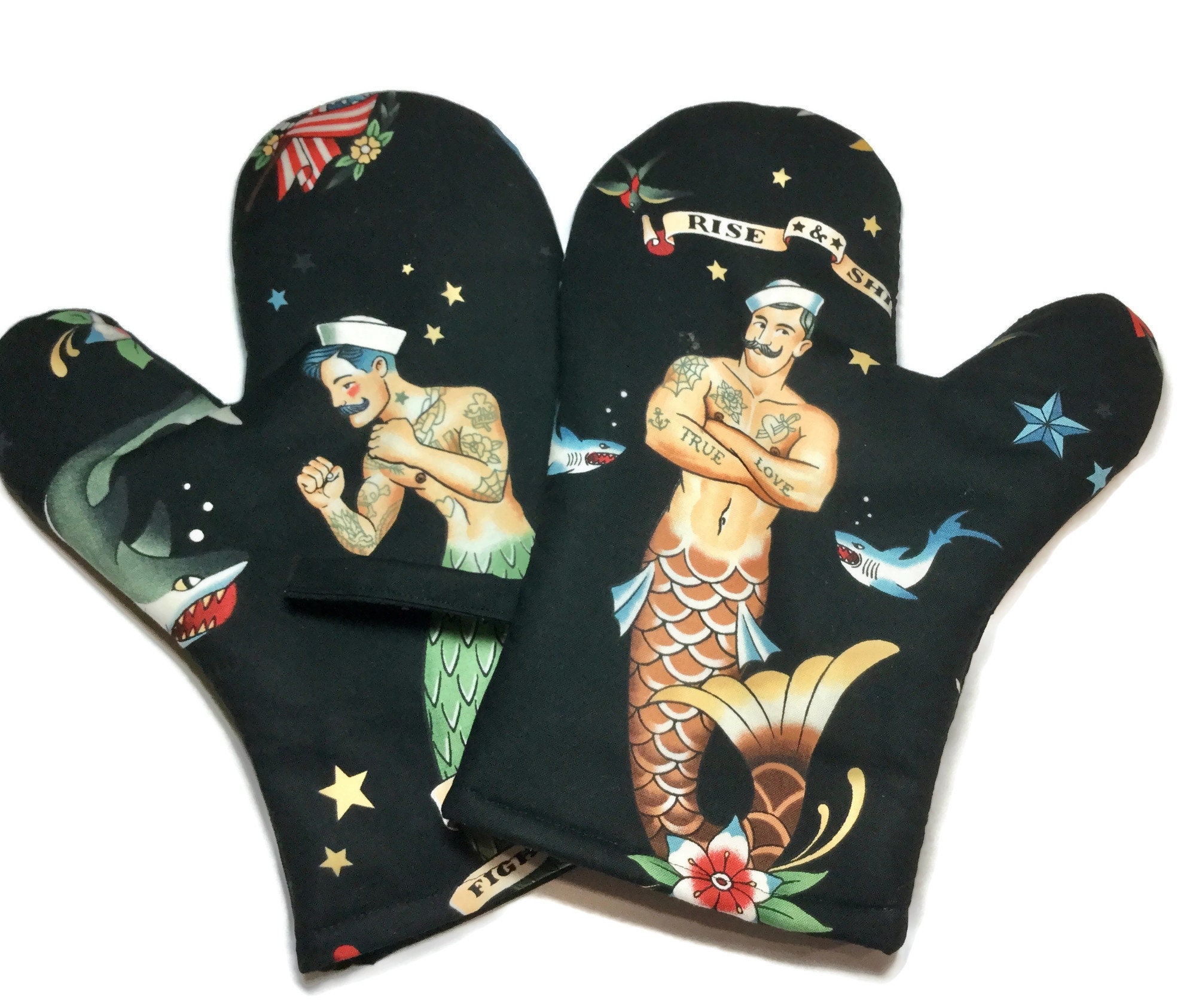 Handmade Oven Mitts Set of 2 Sailor Mermen pinups BBQ Mitts