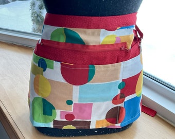 Handmade Vendor Server Apron, 8 Pockets,  Modern Kitchen Red Geometric, Zipper