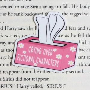 Puede incluir: Caja de pañuelos rosa con pañuelos blancos y flores blancas impresas en ella. La caja tiene el texto "Crying Over Fictional Characters" impreso en ella.