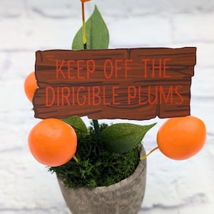 May include: A small potted plant with orange fruit and a wooden sign that reads "Keep off the dirigible plums".