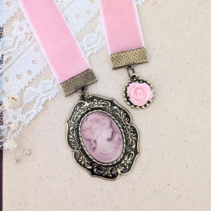 Victorian Bookmark, Cameo Charm Bookmark, Pink Ribbon Bookmark, Rose Charm Bookmark