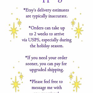 May include: A white background with the word "Shipping" in purple text. The text includes information about Etsy delivery estimates, order arrival times, and upgraded shipping options. Yellow starburst graphics are scattered around the text.