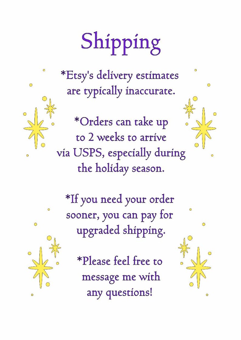 May include: A white background with the word "Shipping" in purple text. The text includes information about Etsy delivery estimates, order arrival times, and upgraded shipping options. Yellow starburst graphics are scattered around the text.