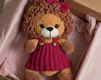 Birthday Crochet Lion Plush Handmade Safari Animal Toy, Personalized Holiday Gift for Kids, Baby’s First Keepsake