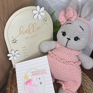 Regalo per la festa della neonata, coniglietto amigurumi con scritta "Hello World" floreale, biglietto personalizzato per neonato, set regalo coniglietto all'uncinetto per neonato