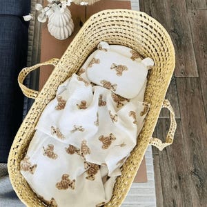Conjunto de roupa de cama de musselina para bebê | Roupa de cama para carrinho de bebê | Cobertor de musselina macio, lençol com elástico e travesseiro | Presente para recém-nascido | Presente para chá de bebê | Roupa de cama orgânica para bebê