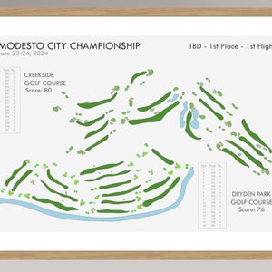 May include: A framed print featuring a golf course map for the Modesto City Championship, June 23-24, 2024. The map shows Creekside Golf Course with a score of 80 and Dryden Park Golf Course with a score of 76. The print is in a wooden frame.