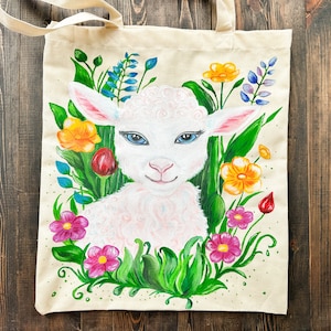 Handpainted Sheep Tote Bag, Sheep Lover Gift, Goat Cotton Canvas Bag, Custom Shopper Bag, Shopping Bag, Cute Beach Bag, Women Shoulder Bag