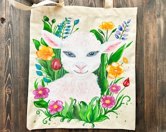 Handpainted Sheep Cotton Canvas Tote Bag Floral Lamb Shoulder Bag