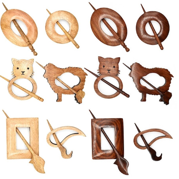 LYKKE Wooden Shawl Pins Choose from 6 Designs in Rosewood or Mango Wood