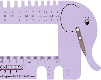 View Sizer Gauge for Needle and Hook Sizing with Yarn Cutter Knitter's Pride Purple Elephant