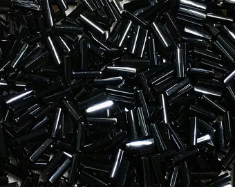 50g BUGLE BEADS TWISTED BLACK OPAQUE GLASS 9mm