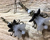 Vintage Inspired Earrings White Acrylic Bell Flowers Antique Bronze Filigree Petals with Swarovski Crystals