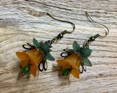 Vintage Inspired Earrings Orange Acrylic Bell Flowers Antique Bronze Filigree Petals with Fire Polished Crystals
