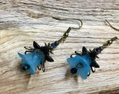 Vintage Inspired Earrings Aquamarine Acrylic Bell Flowers Antique Bronze Filigree Petals with Fire Polished Crystals