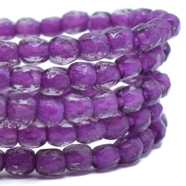 Fire Polished Crystals 3mm Purple Pansy with an Etched Finish Czech Glass Beads Approx. 50 beads