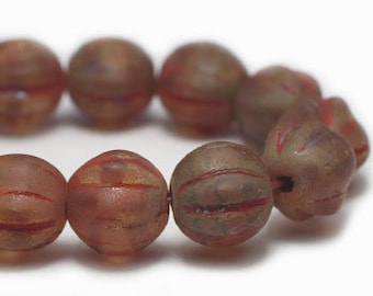 6mm Melon Beads Brown and Raw Umber with Picasso Finish Czech Pressed Glass Round Beads 6mm 25 beads