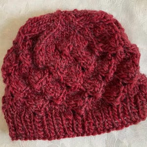 Prairie Fire Lace Cap Beanie Handknit with Wool Mohair Blend and Vintage Leaf Pin