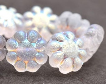 Cactus Flower Transparent Glass with Etched and AB Finishes Czech Pressed Glass Flat Flower Beads 9x3mm 25 beads