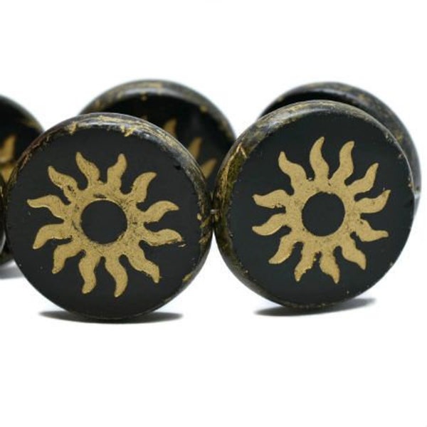 Sun Beads Black with Picasso Finish and Gold Wash Chunky Coin Carved Czech Pressed Glass Table Cut Beads 22mm 2 beads