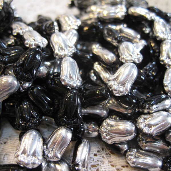 Clearance 15 Black and SilverCzech Pressed Glass Tulip Beads 11x7mm