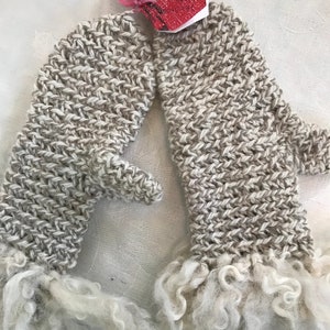 Reindeer Tracks Handknit Hat Hand Crocheted mittens Wool/Handspun Wool Blend Cotswold Locks Cuff for Woman or Large Child