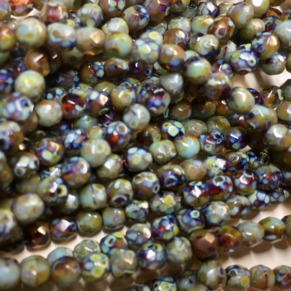 Fire Polished Crystals 4mm Amber Color and Tea Green with Picasso Finish Czech Glass Crystal Beads Approx. 50 beads
